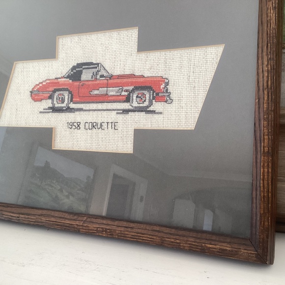 Hand Stitched Corvette Stingray Cross Stitch W/Frame 12”x15” Vintage Sports Car - Picture 6 of 10
